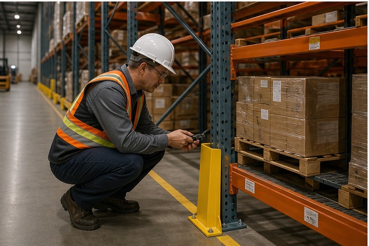 Qualified warehouse professional inspecting a pallet rack upright, guard, anchor, and beam connection