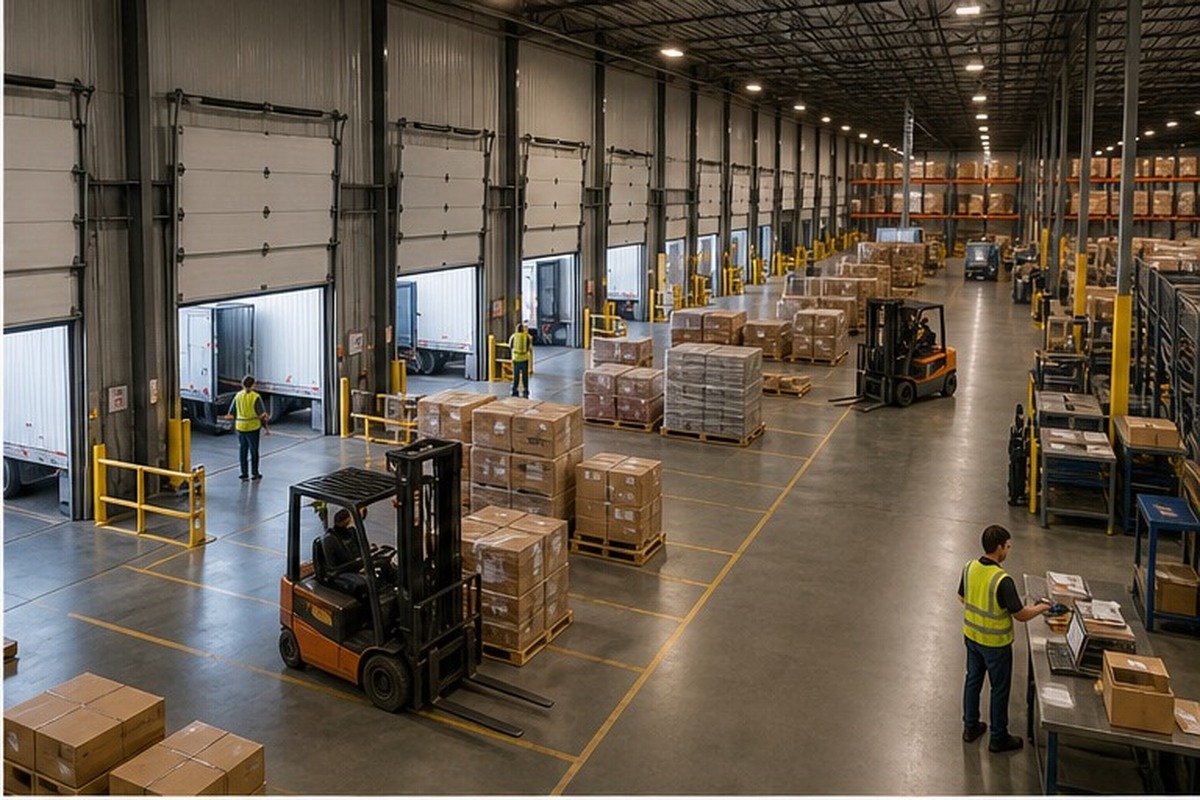 Organized warehouse receiving and shipping operation with forklifts, staging lanes, and dock doors